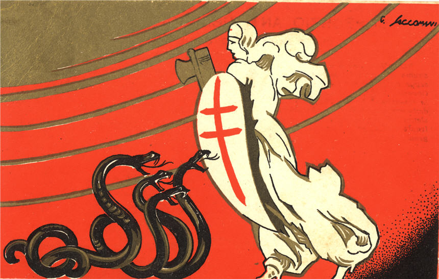 Eine Frau in Weiß mit Schild und Axt (Fasces) vor vier zischenden schwarzen Schlangen.