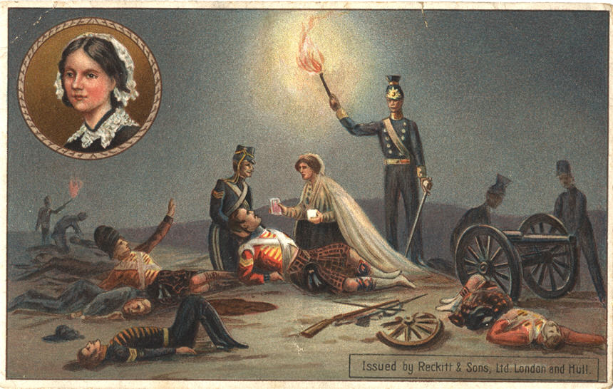 Weiße Krankenschwester (Florence Nightingale) kümmert sich auf dem Schlachtfeld um einen verwundeten weißen Soldaten.