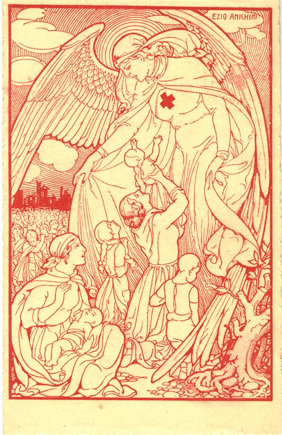 Ein großer geflügelter Frauenengel mit dem Symbol des Roten Kreuzes auf der Brust. Frauen bringen ihre Kinder zu ihr.